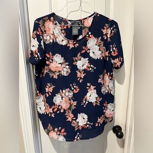 Chelsea & Theodore coral pink, Orange blue floral Blouse sz L